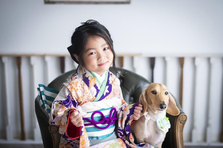 犬と一緒に七五三撮影をする女の子