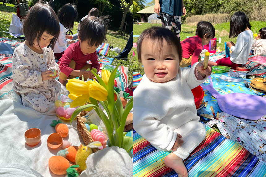 野外ヨガイベントに参加する子どもたち